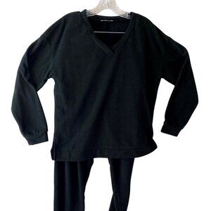 Women’s Black Velour Lounge Set EKOUER V Neck Top Pants Size M